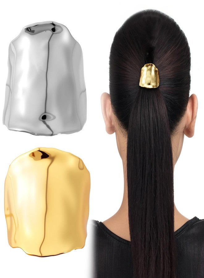 SmallCat 2 Pcs Hair Cuffs, 2.44 Inch High Ponytail Cuff, Decorative Long High Hair Ring, Metal Ponytail Cuffs for Women's Hair, Braids Festival Accessories Party Daily (Gold, Silver) - Image 1